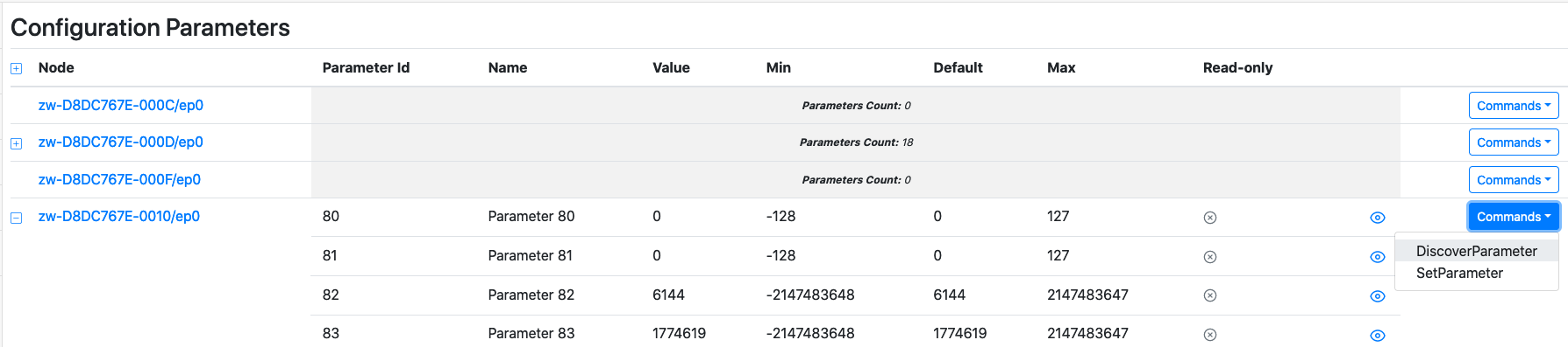 Dev GUI DiscoverParameters command