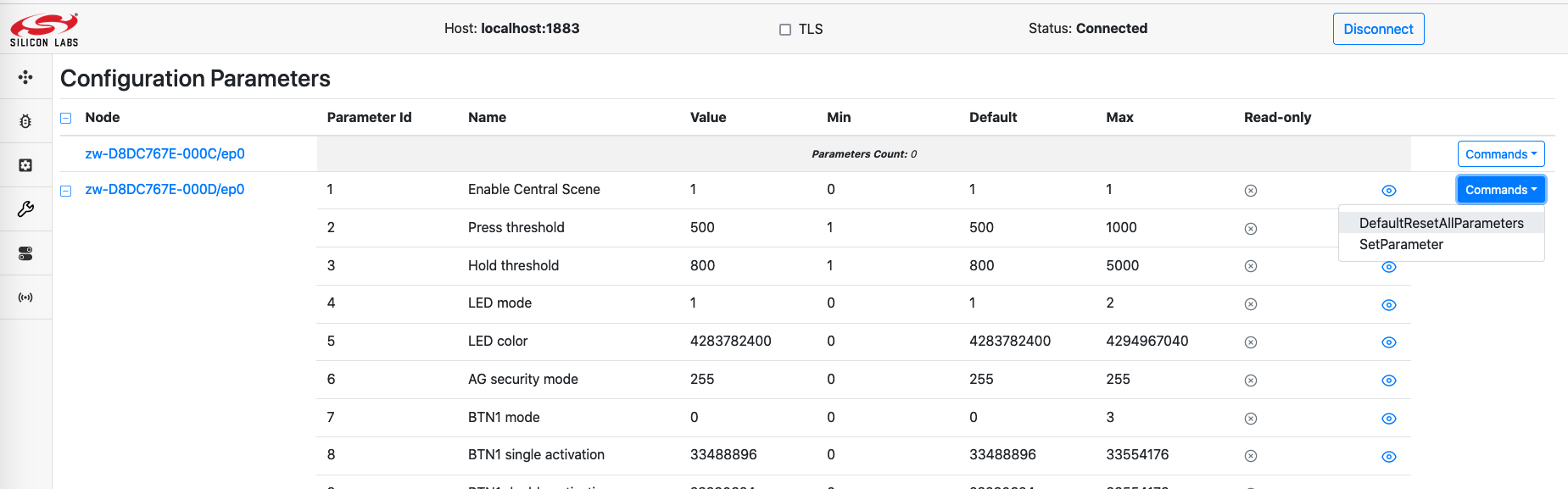 Dev GUI Configuration Parameters attribute state