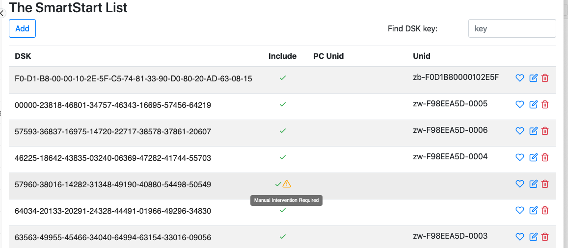 Dev GUI SmartStart list manual intervention required